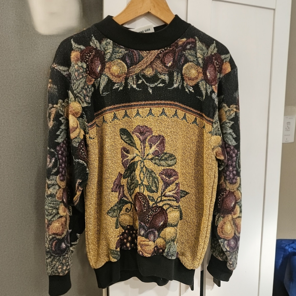 VTG Sugar Street Weavers Tapestry Sweater, Gold/ Black One Size Cottage,Chole